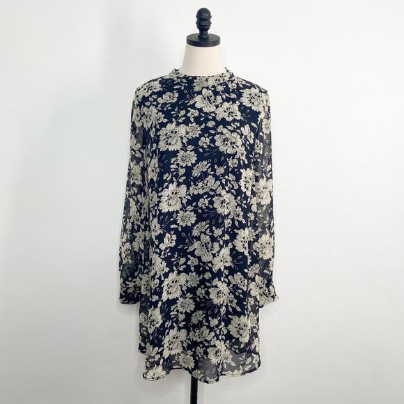 ASTR The Label Floral Back Cutout Mini Dress Navy Blue Cream Shift Boho Size M - Picture 2 of 13